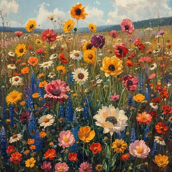 A field blanketed in wildflowers, bursting with color, symbolizing growth and vitality.