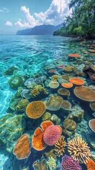 Shallow coral reef with clear water above, capturing tropical marine ecosystems.