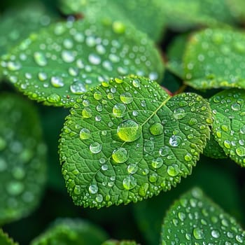 Close-up of raindrops on a vibrant green leaf, illustrating life and refreshment.