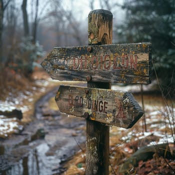 A weathered wooden signpost in a rural setting, pointing in multiple directions, evoking choice and adventure.