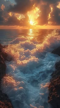 Waves crashing against rocky shore at sunrise, capturing power and natural beauty.