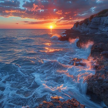 Waves crashing against rocky shore at sunrise, capturing power and natural beauty.