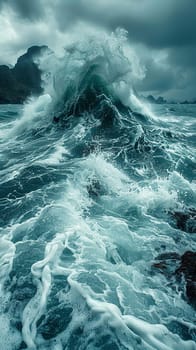 Crashing waves on a rocky coastline under a stormy sky, symbolizing nature's power and beauty.