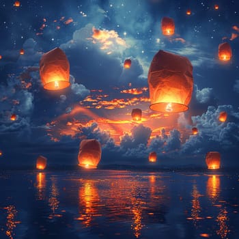 Glowing lanterns floating into the night sky, symbolizing wishes and celebrations.