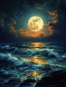 A full moon rising over a tranquil sea, evoking mystery and the beauty of the night.