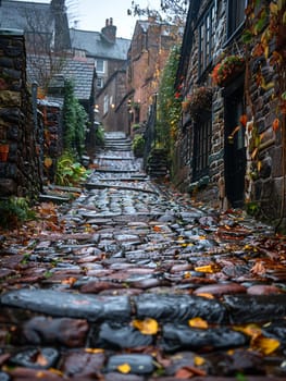 Worn cobblestone street in historic town, great for vintage and cultural projects.