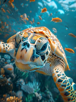 Underwater view of a swimming turtle, capturing marine life and tranquility.