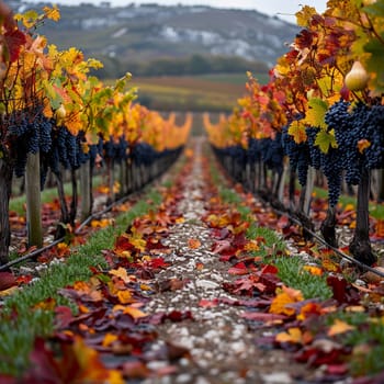 Ripened vineyard rows at harvest, ideal for wine and agricultural themes.