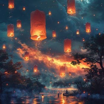Glowing lanterns floating into the night sky, symbolizing wishes and celebrations.