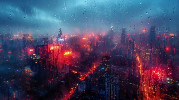 A cityscape seen through a rain-soaked window, creating a dreamy and abstract view.