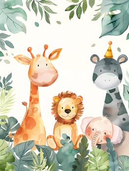 In the jungle, an illustration shows a giraffe, lion, and elephant sitting among the grass. The giraffe looks happy, while the elephant munches on a plant