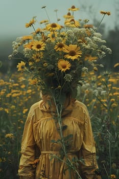 A woman in a sunny yellow dress balances a bouquet of matching yellow flowers on her head, creating a harmonious display of nature and art in a grassy landscape