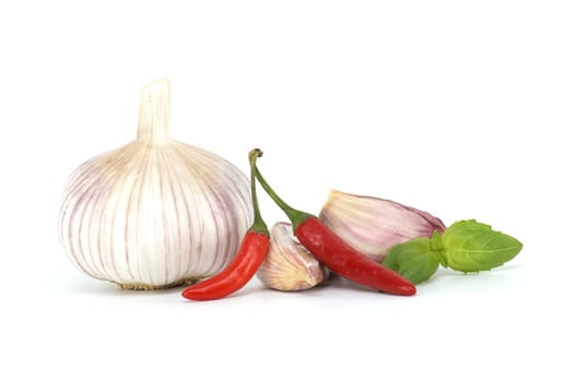 Whole garlic bulb with two garlic cloves nearby two red chili peppers, accompanied by a sprig of basil leaves isolated on white background