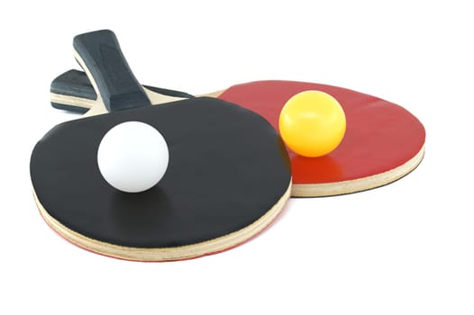 Pair of ping pong paddles and a ping pong ball isolated on white background, table tennis equipment