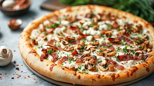 Pizza with wild mushrooms, bacon, cream cheese and stracciatella on a blue and white tile table.