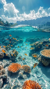 Shallow coral reef with clear water above, capturing tropical marine ecosystems.