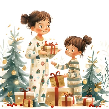 One girl joyfully presents a doll as a gift to another girl in front of a beautifully decorated Christmas tree, spreading happiness and holiday cheer at the festive event