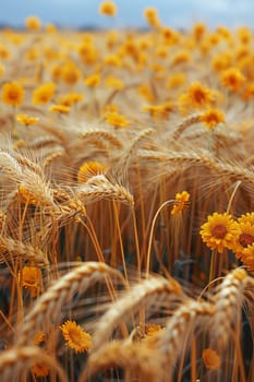 Golden wheat field swaying in the breeze, ideal for agricultural and country themes.