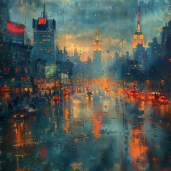 A cityscape seen through a rain-soaked window, creating a dreamy and abstract view.