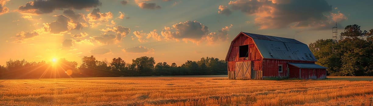 Rustic barn in a golden field at sunset, suitable for country living and agricultural themes.