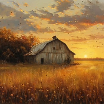 Rustic barn in a golden field at sunset, suitable for country living and agricultural themes.