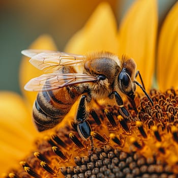 Close-up of a bee on a sunflower, representing nature, pollination, and summer themes.