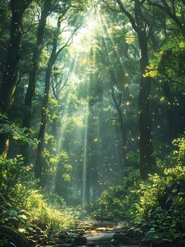 Sunlight filtering through dense forest trees, capturing a mystical and ethereal mood.