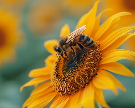 Close-up of a bee on a sunflower, representing nature, pollination, and summer themes.