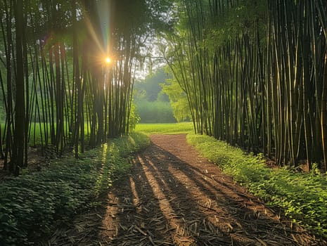 Sunlight casting shadows through a bamboo forest, representing tranquility and natural patterns.