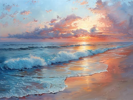 Gentle waves lapping at a sandy beach under a pastel sunset, evoking calm and relaxation.