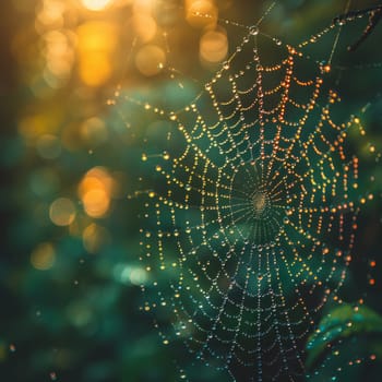 A delicate spider web glistens with dew drops, creating a mesmerizing scene in natures orchestra.