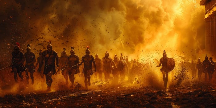 A group of people, reminiscent of King Leonidas and his 300 Spartans, bravely walk through a street engulfed in flames to their unknown destination.
