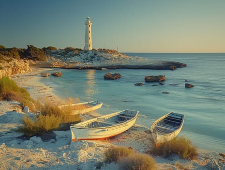 Two boats sit stranded on the sandy shore, surrounded by vast stretches of soft sand under a clear blue sky.