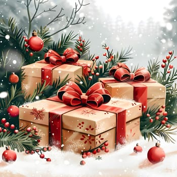 A variety of Christmas ornaments, food, plants, and decorations are placed under the evergreen tree, including branches, rectangles, twigs, and ingredients