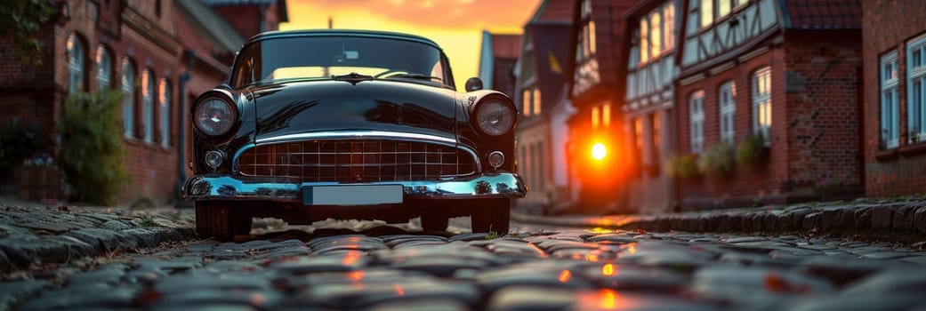 A classic, old car is parked on a charming cobblestone road, surrounded by historic architecture and bustling city life.