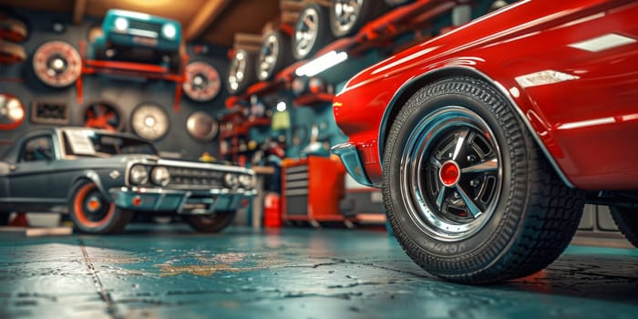 A vibrant red car is parked next to a sleek black car in a service station garage.