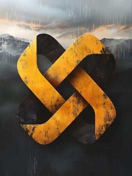 A symbol of yellow and black with mountains in the background, portraying a gesture of nature through art. The font of the painting adds depth to the natural landscape