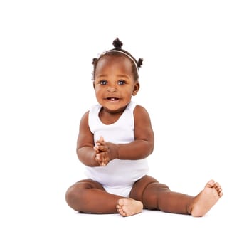 Portrait, baby girl and clapping with smile in studio for applause, playing and cheerful on white background. Child, happy and enjoying for childhood development, excited and joyful kid with mockup.