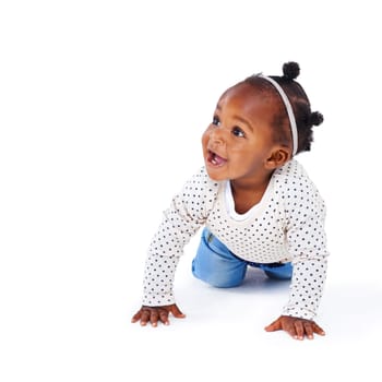African baby, smile and crawling for development, learning and growing up for cute and adorable on white background. Girl, toddler or kids and happiness or joy for young, children and growth.