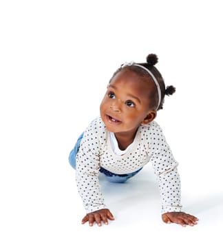 Baby, girl or crawling by thinking, curiosity or wow as question, idea or wonder at balance progress. Female toddler, hands or knees in vision to learn, motor skills or mobility development milestone.