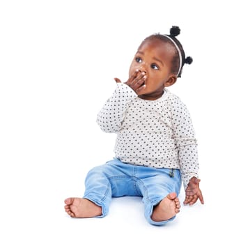Wow, baby girl and surprise in studio with hands on face for announcement, drama or action with mockup space. Omg, child and shocked with motor development for curious infant in white background.