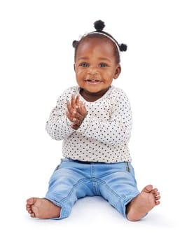 African baby and fashion in studio and clapping with smile, hands or fashionable or clothing. Little child on white background in portrait, fun or style or excited, happy or friendly and applause.
