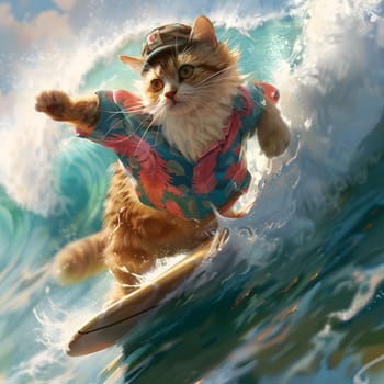A carnivore Felidae, the cat, rides a wind wave on a surfboard in a happy recreation scene. This CG artwork illustration captures the felines joy in the water
