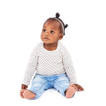 Black baby girl, relax or thinking of curiosity, idea or remember to imagine, wonder or childhood. Toddler, rest or comfort to question, growing up or contemplate studio mock up on white background.