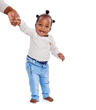Baby, walking and hand in studio for help, support and balance with mockup space. Child, learning and coordination or motor skills development for steps in white background, infant care and love.
