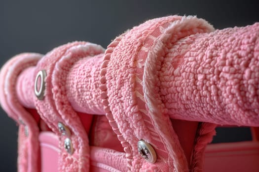 A close-up view of a row of elegant pink suitcases lined up in a graceful formation, creating a harmonious and stylish showcase.