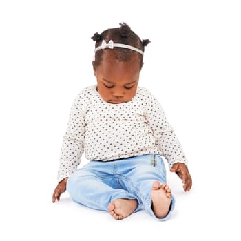 Child, tired and sleeping or dreaming in studio from playing, learning and motor development in white background. Baby girl or infant, sitting and drowsy or sleepy for nap time, rest and peace.