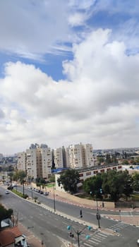 City top view, landscape blue gray light sky nature white clouds whether background . High quality photo