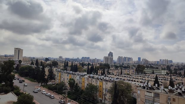 City top view, landscape blue gray light sky nature white clouds whether background . High quality photo