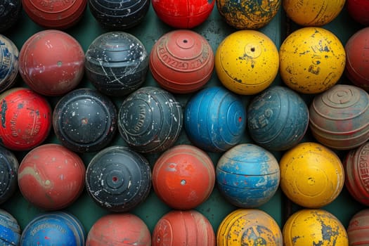 A whimsical arrangement of colorful fitness balls stacked on top of each other, creating a playful and dynamic visual display.